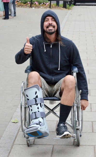 Dave Grohl of Foo Fighters after breaking his leg during a concert in Sweden on June 12.