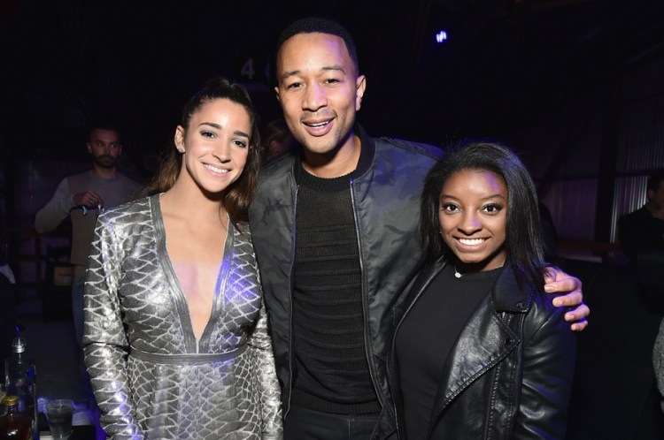(L-R) Aly Raisman, John Legend, and Simone Biles attend the 2017 DIRECTV NOW Super Saturday Night Concert at Club Nomadic on February 4, 2017 in Houston, Texas. (Photo: Mike Coppola/Getty)
