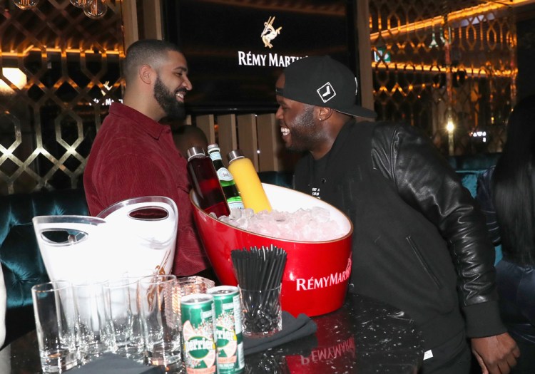 TORONTO, ON - JANUARY 9: Drake (L) and DJ Steph Floss attend Dwyane Wade's birthday party at Pick 6ix in Toronto on January 9, 2018. (Photo: Johnny Nunez/Getty)