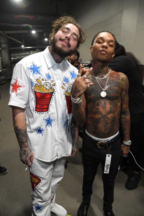 ATLANTA, GA - FEBRUARY 01: (L-R) Post Malone and Swae Lee are seen backstage at Super Bowl Music Fest at State Farm Arena on February 1, 2019 in Atlanta, Georgia. (Photo: Kevin Mazur/Getty)